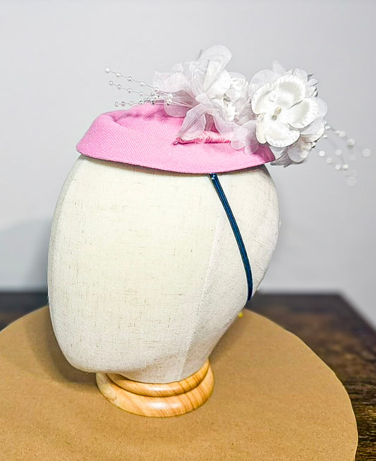 Handmade Pink Fascinator with White Floral Detailing, Pearl Sprays (Melbourne Design)