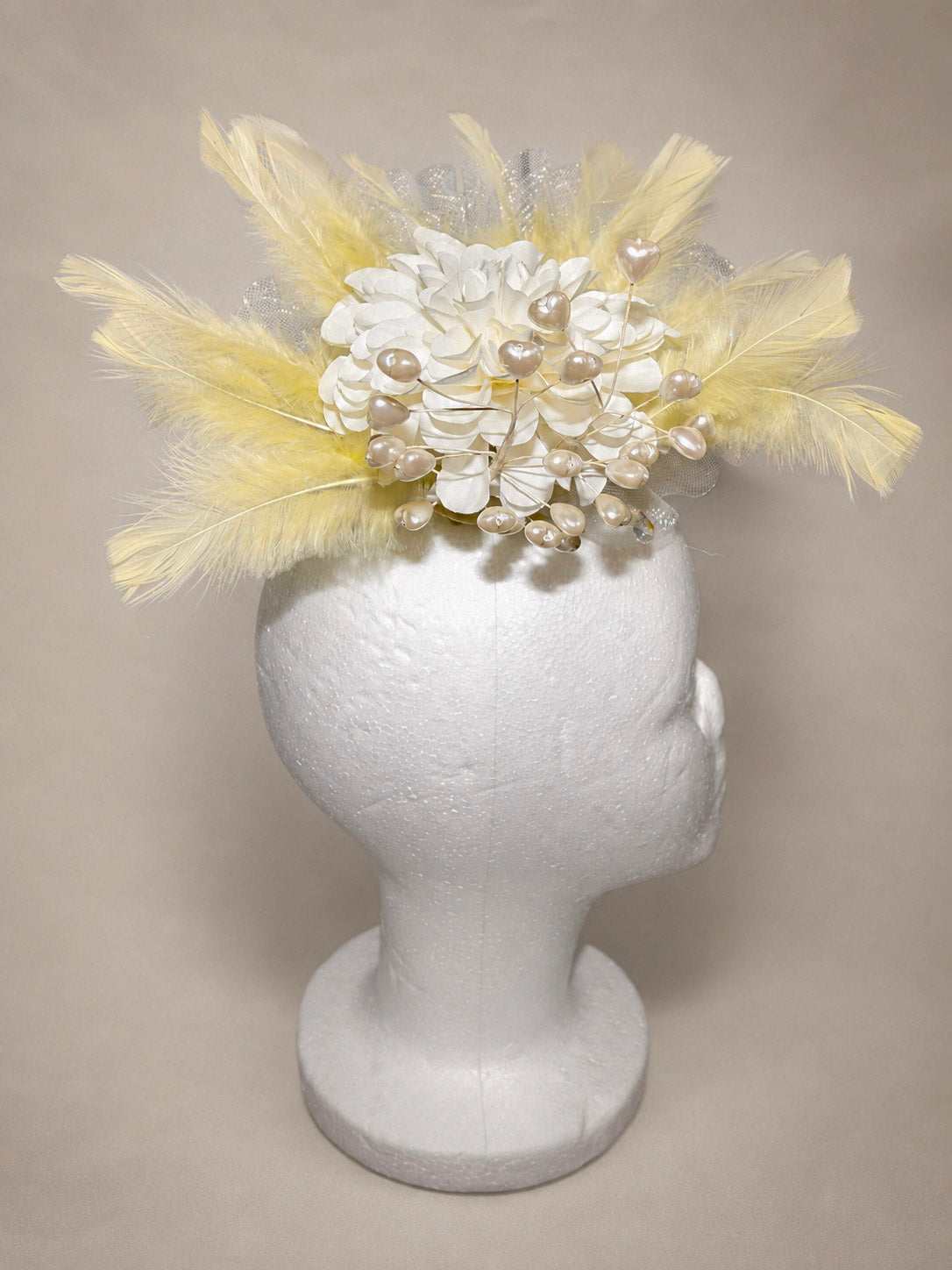 Citron Pearl Dahlia White Crinoline Lemon Feather Fascinator Wedding Race