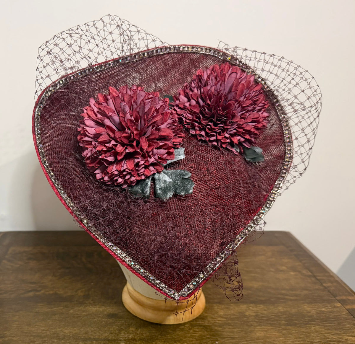 Garnet Heart Hat: Layered Dahlias, Glittered Foliage, AB Crystal Trim (Handmade)
