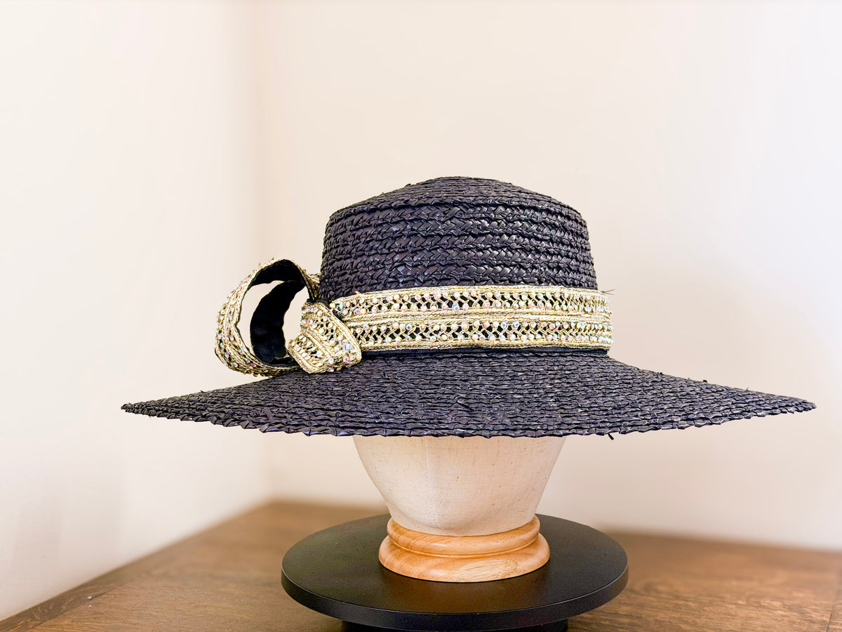 Black Wide Brim Straw Hat – Metallic Trim, Vintage Stones, Statement Side Feature