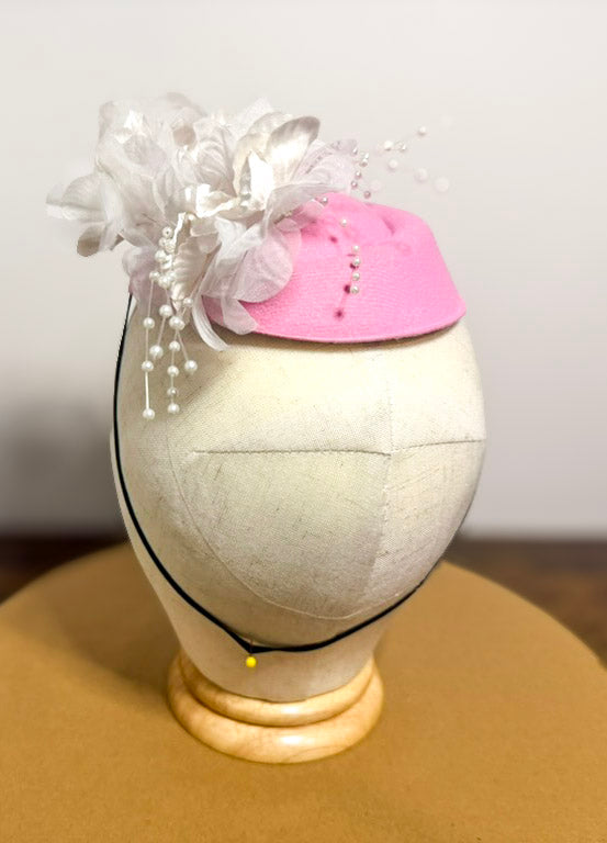 Handmade Pink Fascinator with White Floral Detailing, Pearl Sprays (Melbourne Design)