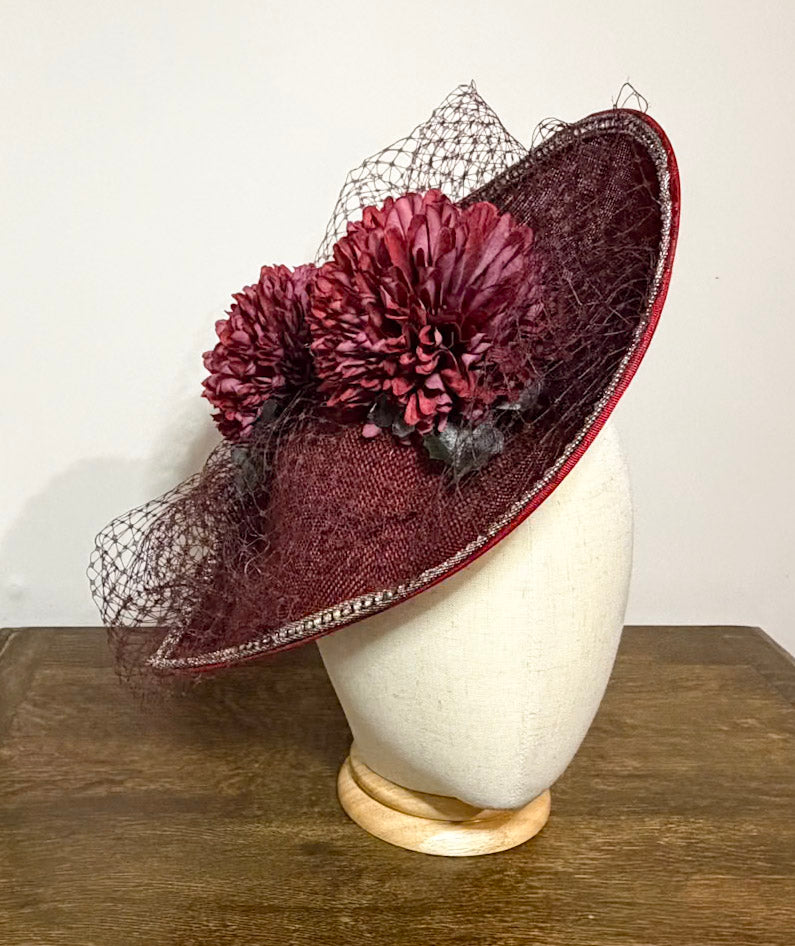 Garnet Heart Hat: Layered Dahlias, Glittered Foliage, AB Crystal Trim (Handmade)