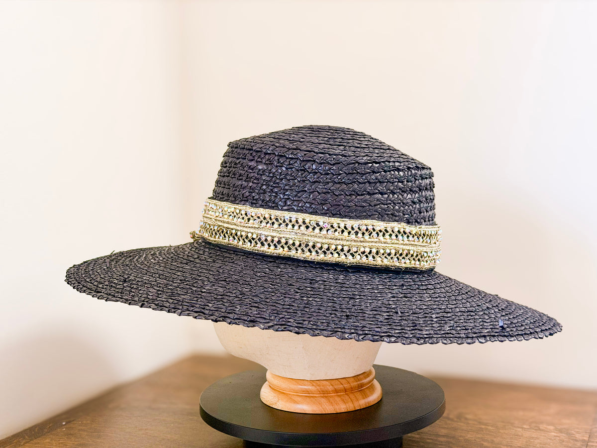 Black Wide Brim Straw Hat – Metallic Trim, Vintage Stones, Statement Side Feature