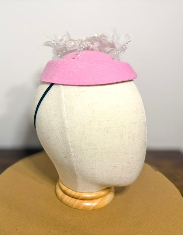Handmade Pink Fascinator with White Floral Detailing, Pearl Sprays (Melbourne Design)