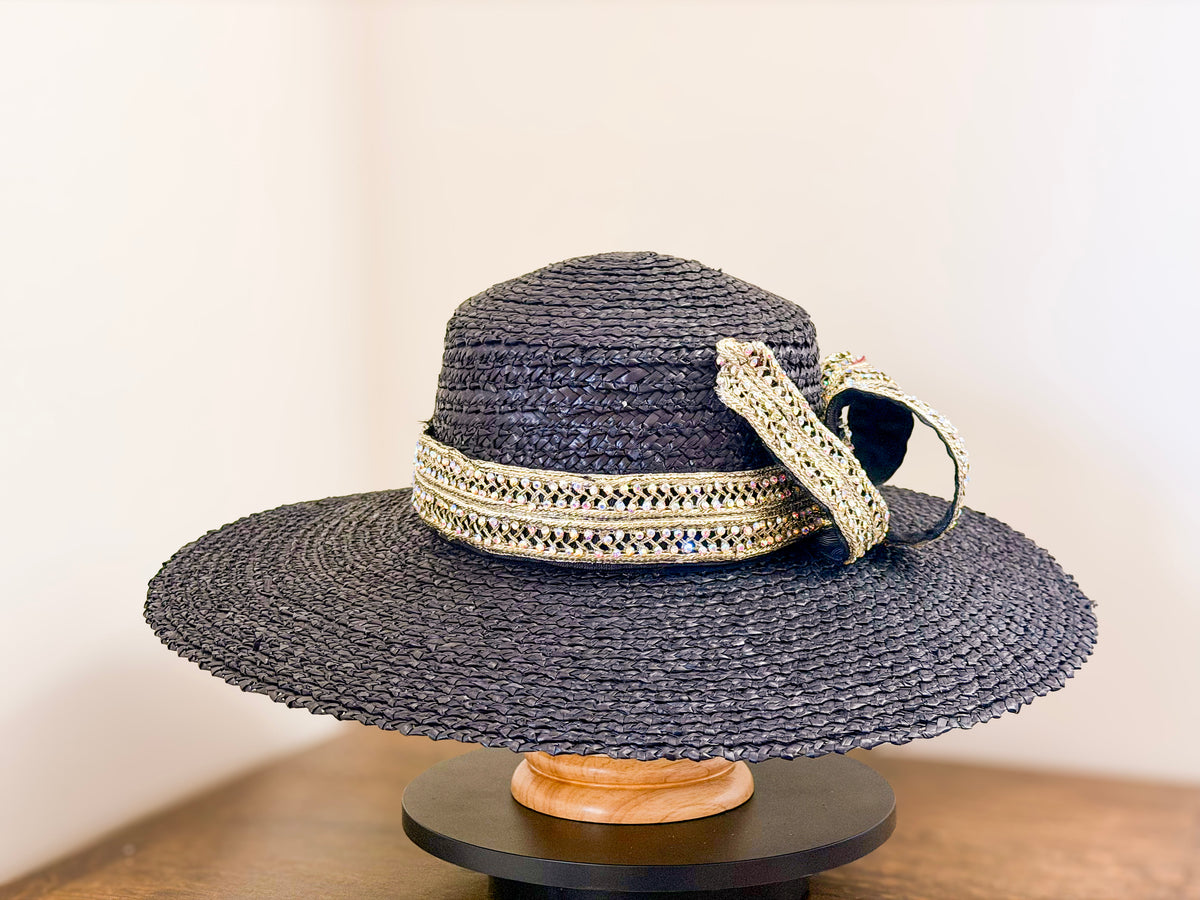 Black Wide Brim Straw Hat – Metallic Trim, Vintage Stones, Statement Side Feature