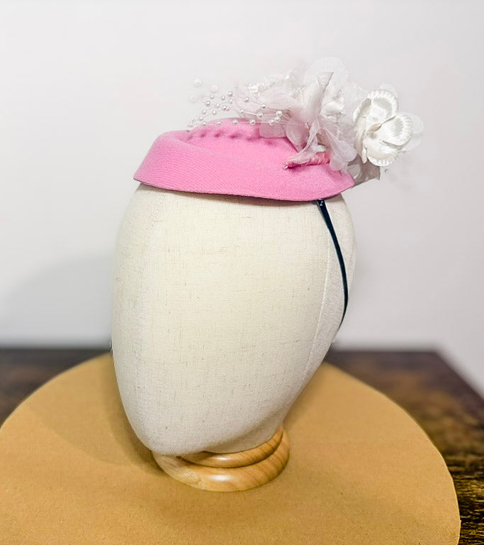 Handmade Pink Fascinator with White Floral Detailing, Pearl Sprays (Melbourne Design)