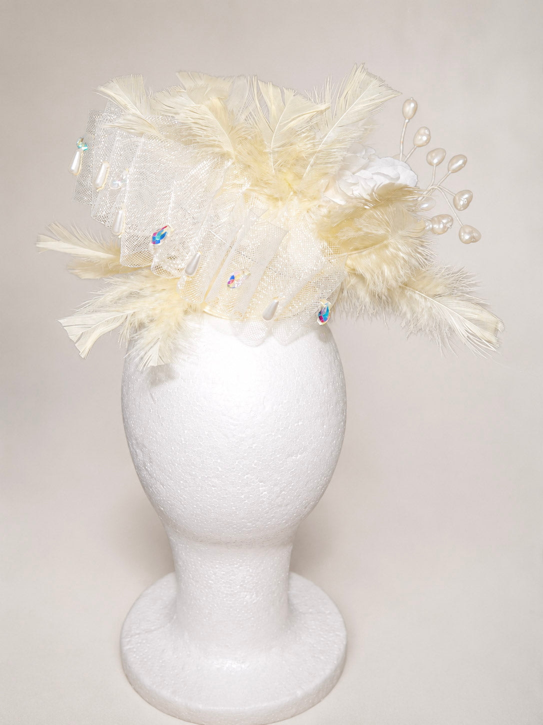 Citron Pearl Dahlia White Crinoline Lemon Feather Fascinator Wedding Race