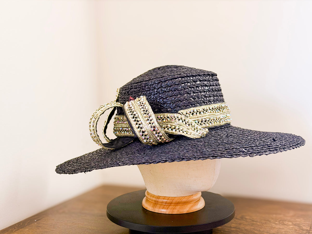 Black Wide Brim Straw Hat – Metallic Trim, Vintage Stones, Statement Side Feature