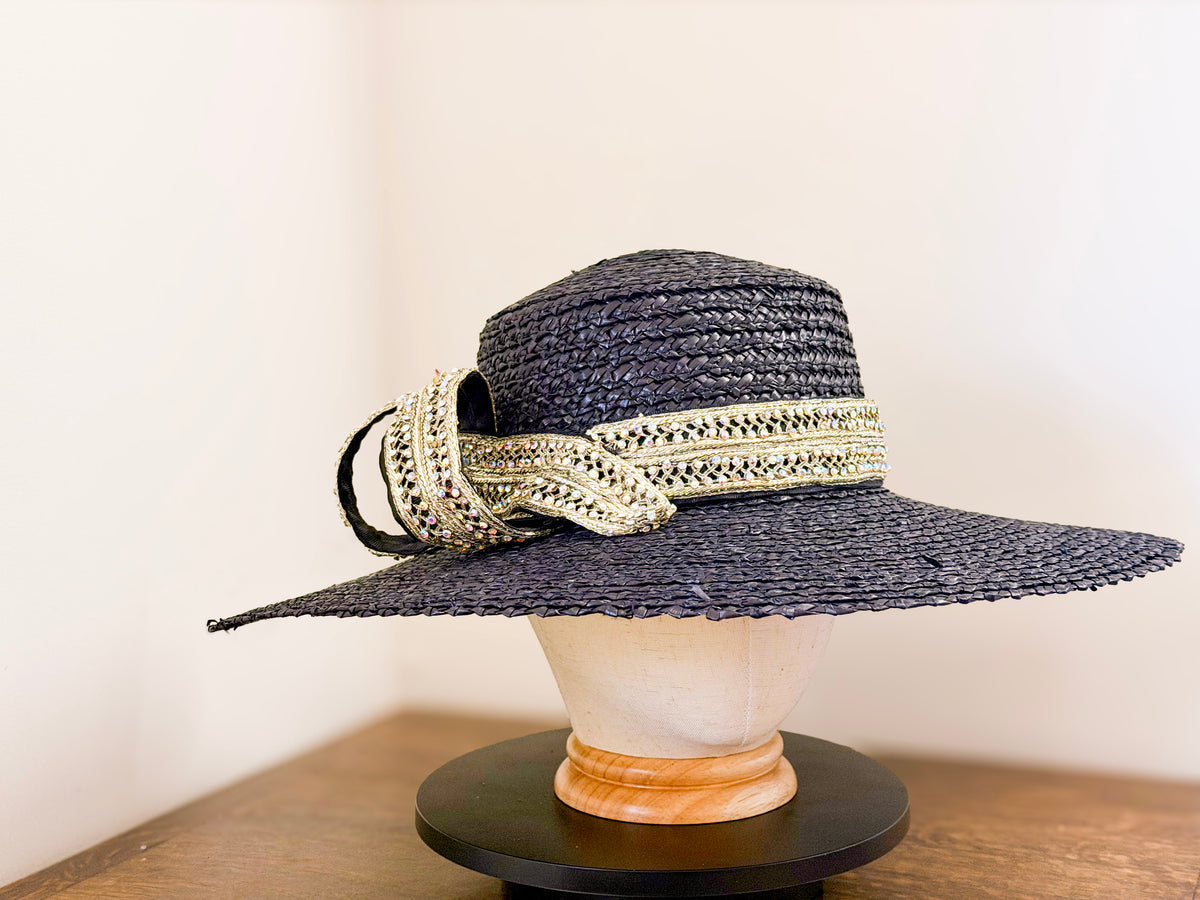 Black Wide Brim Straw Hat – Metallic Trim, Vintage Stones, Statement Side Feature