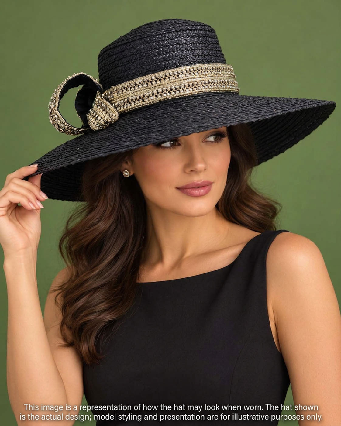 Black Wide Brim Straw Hat – Metallic Trim, Vintage Stones, Statement Side Feature