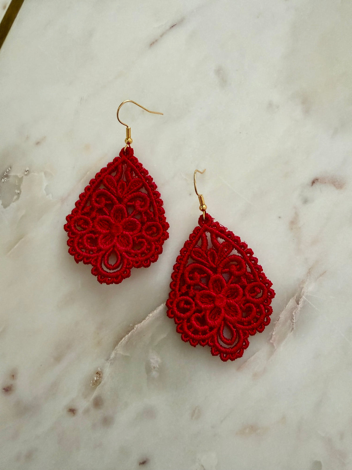 Floral Embroidered Lace Teardrop Earrings – Black, Navy Blue, White & Red