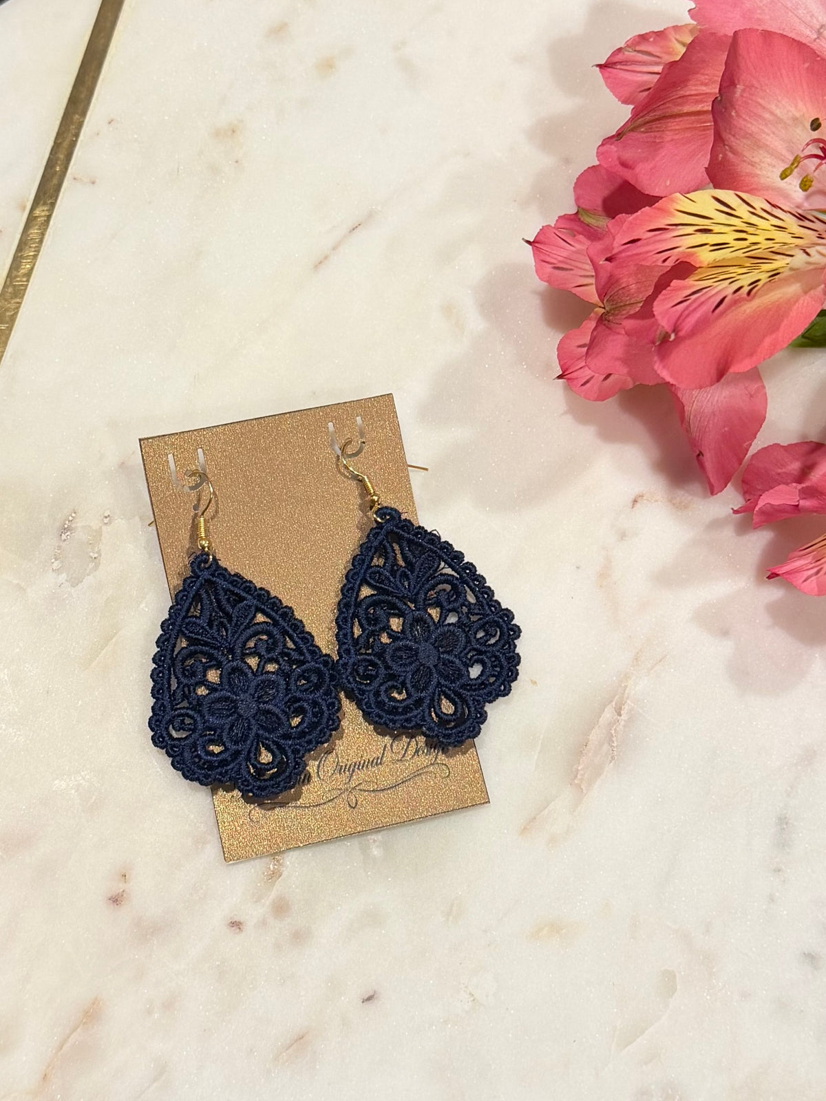 Floral Embroidered Lace Teardrop Earrings – Black, Navy Blue, White & Red