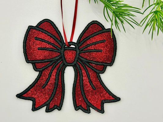 Handmade Embroidered Christmas Bow – Red & Black Ornament