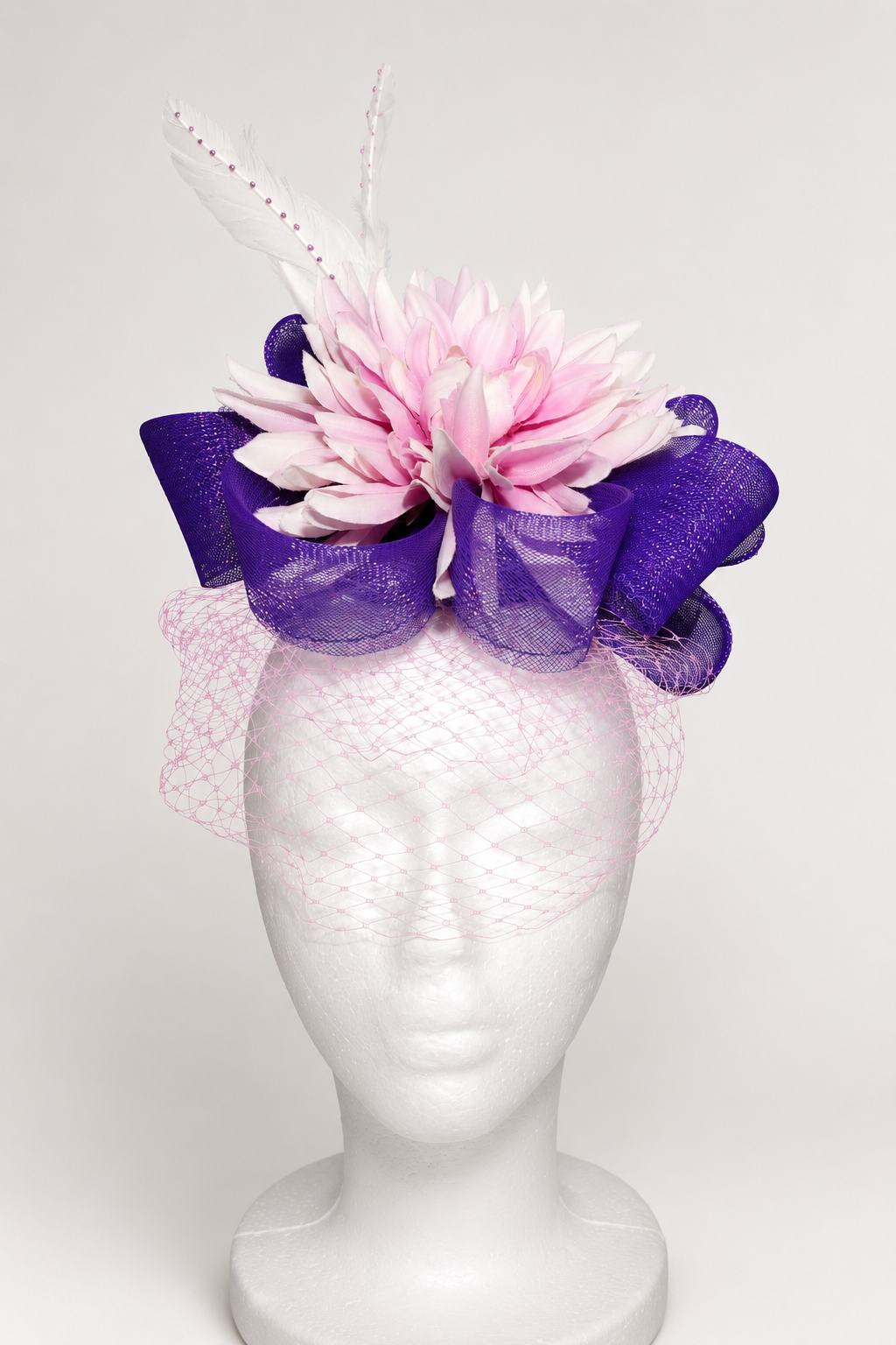 Amethyst Bloom Fascinator: Pink Chrysanthemum, Purple Crinoline, Crystal Feathers