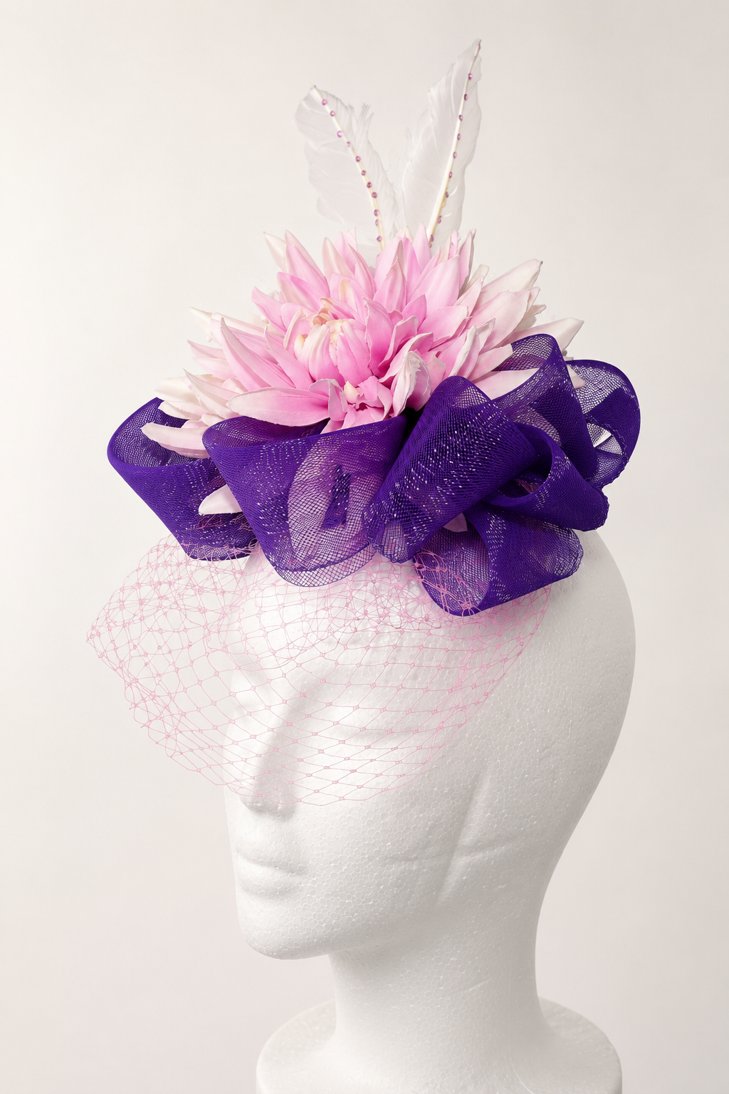 Amethyst Bloom Fascinator: Pink Chrysanthemum, Purple Crinoline, Crystal Feathers