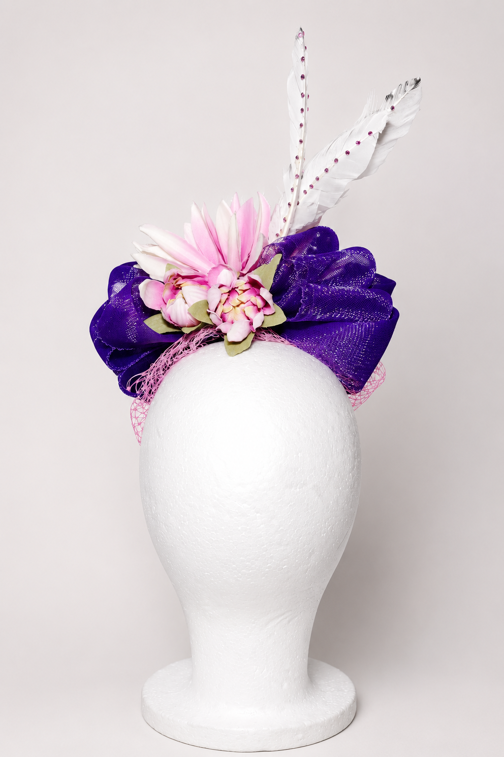 Amethyst Bloom Fascinator: Pink Chrysanthemum, Purple Crinoline, Crystal Feathers