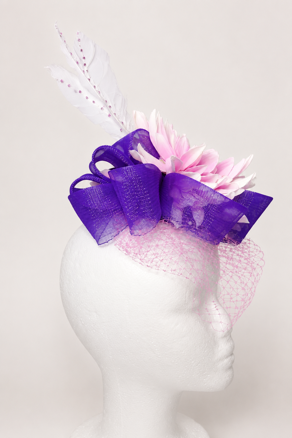Amethyst Bloom Fascinator: Pink Chrysanthemum, Purple Crinoline, Crystal Feathers