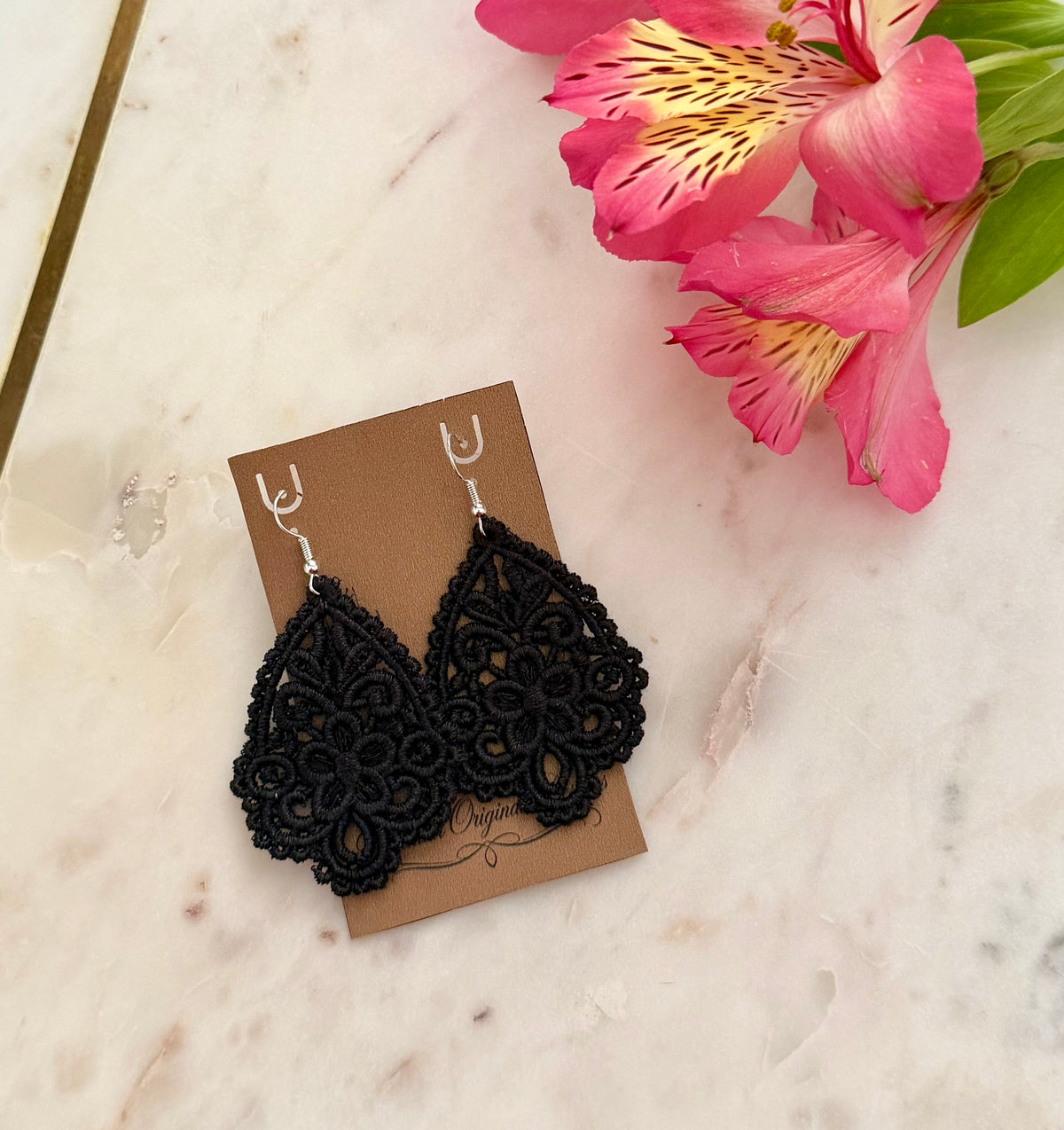 Floral Embroidered Lace Teardrop Earrings – Black, Navy Blue, White & Red with Silver Hooks