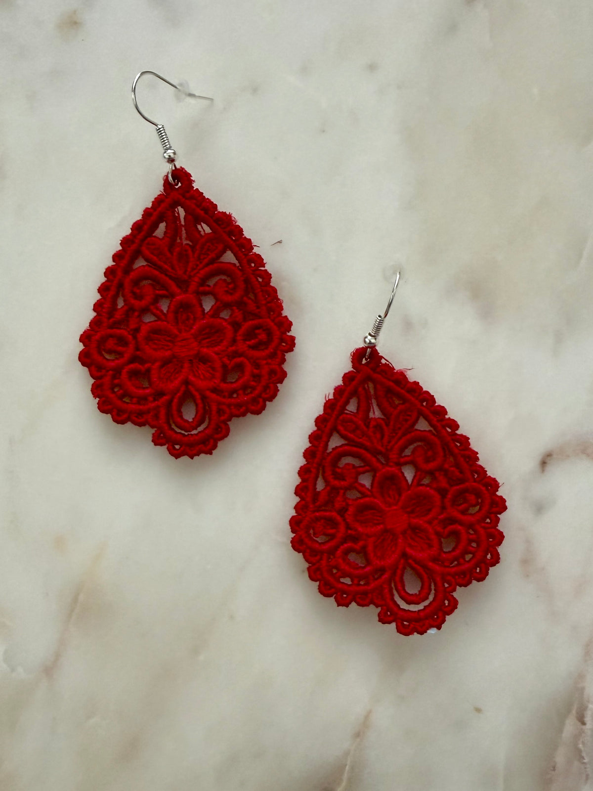 Floral Embroidered Lace Teardrop Earrings – Black, Navy Blue, White & Red with Silver Hooks